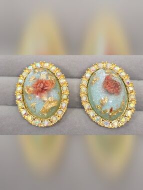Gold-Tone Pastel Blue Floral Resin Oval Earrings